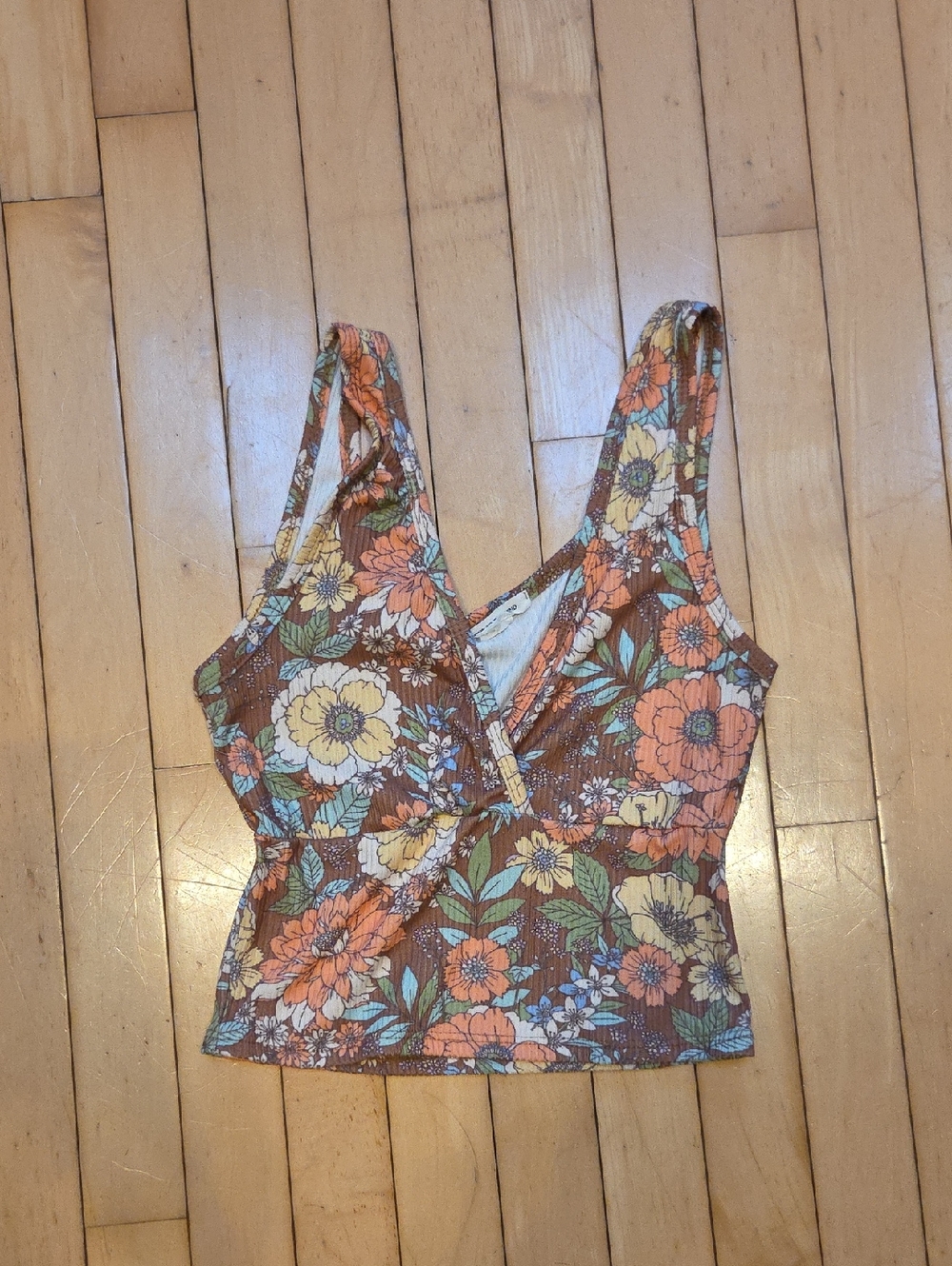 Caution To The Wind Brown Floral V-Neck Camisole with Orange & Cream Flowers